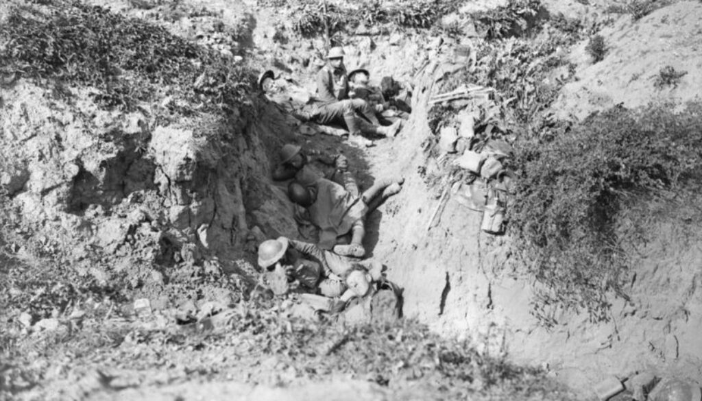 90_Canadians resting in captured trenches. Advance East of Arras. August, 1918.